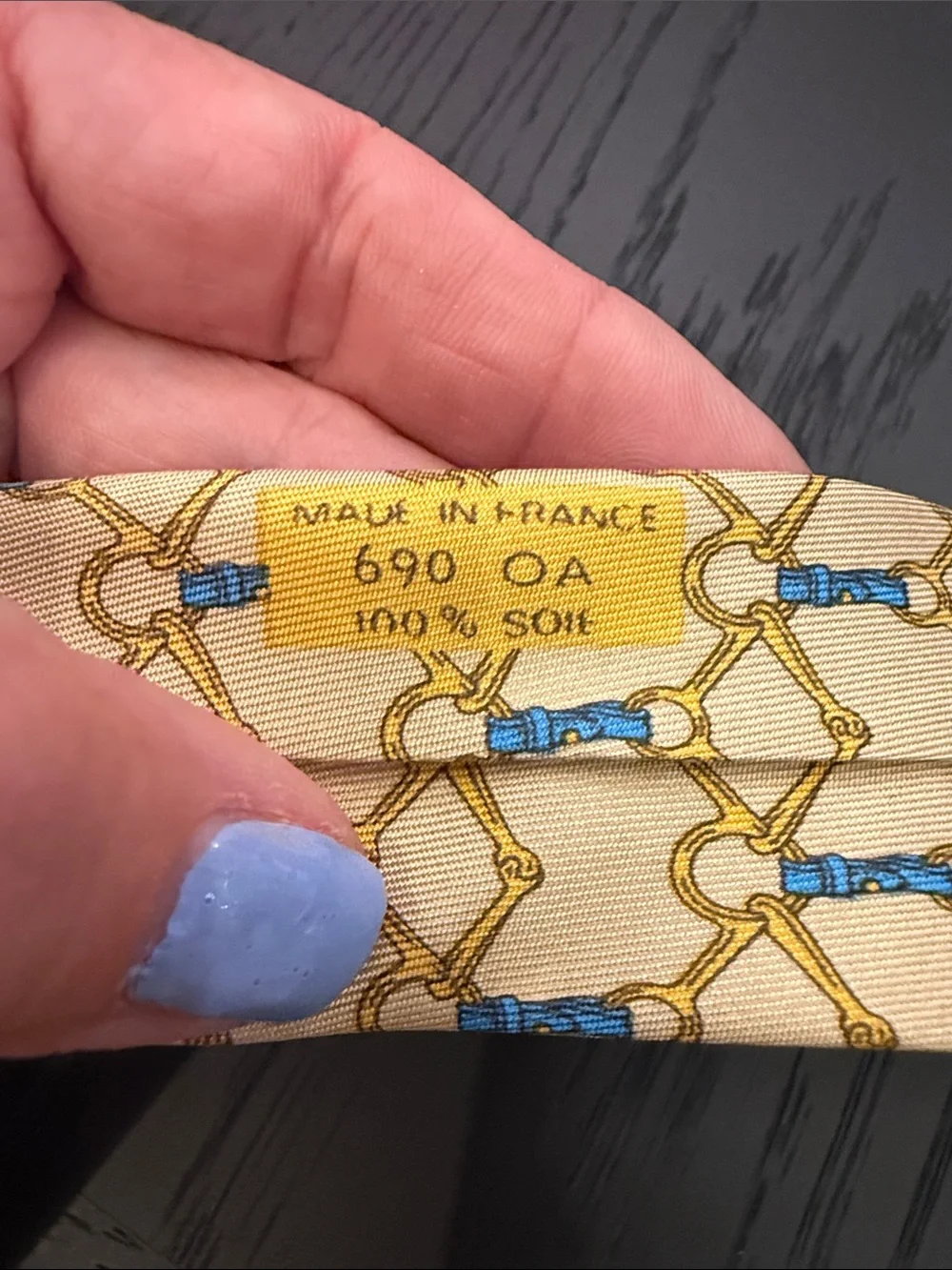 Hermes Classic Beige Silk Tie with Blue & Gold Bit Pattern